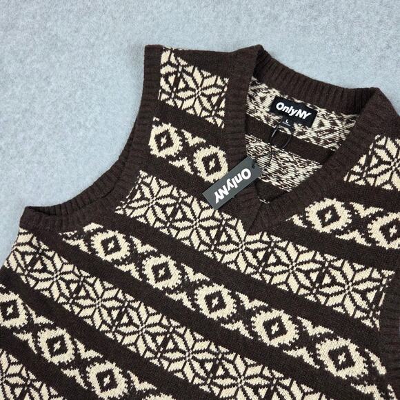NWT Only NY Mens Large Brown Beige Fair Isle V Neck Sweater Vest - Picture 1 of 11